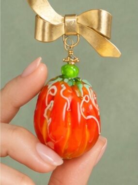 Handcrafted Orange Glass Pumpkin Broach  Green Top and Gold Loop